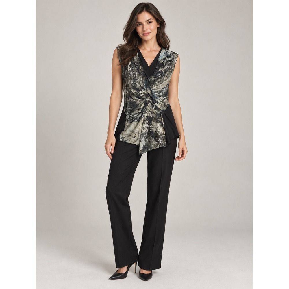 Helmut Lang Silk Blend Draped Twist Front Abstract Print Top Black Grey Medium